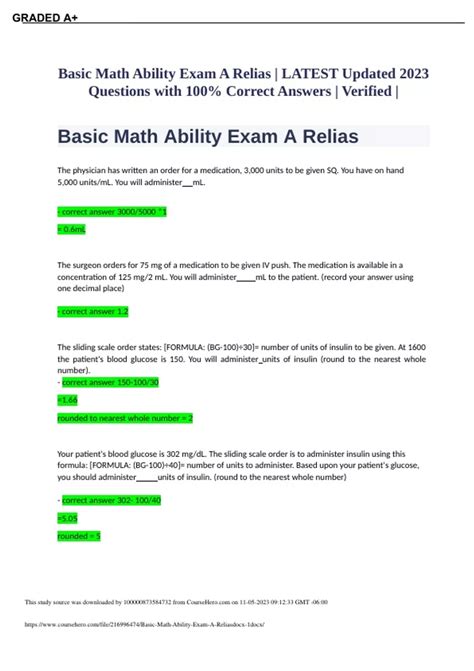 These numbers are based on all RN Basic Math Ability Exam A exams scored nationally. . Rn basic math ability exam a quizlet